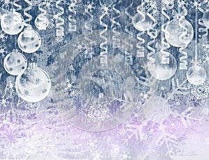 Winter beautiful illustration-template for background with snowflakes, snow, Christmas   toys and white snow trees for New year