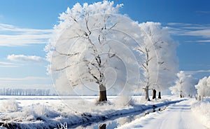 Winter beautiful landscape with trees covered with hoarfrost. Winter road and trees covered with snow