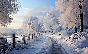 Winter beautiful landscape with trees covered with hoarfrost. Winter road and trees covered with snow