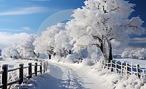 Winter beautiful landscape with trees covered with hoarfrost. Winter road and trees covered with snow