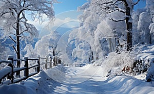 Winter beautiful landscape with trees covered with hoarfrost. Winter road and trees covered with snow