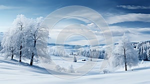 Winter beautiful landscape with trees covered with hoarfrost. Winter road and trees covered with snow