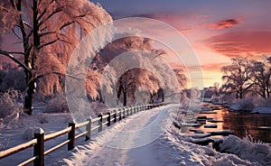 Winter beautiful landscape with trees covered with hoarfrost. Winter road and trees covered with snow