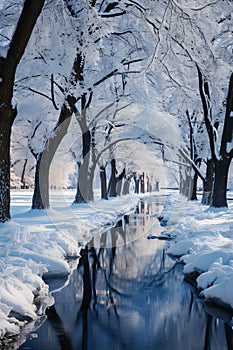 Winter beautiful landscape with trees covered with hoarfrost. Winter road and trees covered with snow