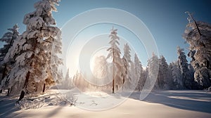 Winter beautiful mountain landscape with trees covered hoarfrost and sunlights. AI Generative.