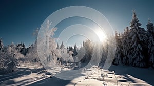 Winter beautiful mountain landscape with trees covered hoarfrost and sunlights. AI Generative.