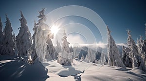 Winter beautiful mountain landscape with trees covered hoarfrost and sunlights. AI Generative.