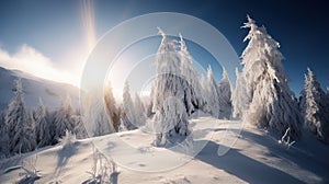 Winter beautiful mountain landscape with trees covered hoarfrost and sunlights. AI Generative.