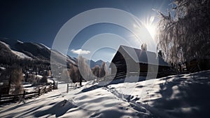 Winter beautiful mountain landscape with trees covered hoarfrost, wooden house and sunlights. AI Generative.