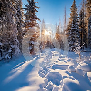 Winter beautiful sunny forest landscape, snow-covered trees illuminated by the sun