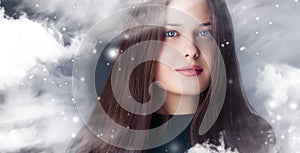 Winter beauty, Christmas time and happy holidays, beautiful woman with long hairstyle and natural make-up behind frozen