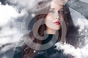 Winter beauty, Christmas time and happy holidays, beautiful woman with long hairstyle and natural make-up behind frozen