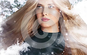 Winter beauty, Christmas time and happy holidays, beautiful woman with long hairstyle and natural make-up in snowy