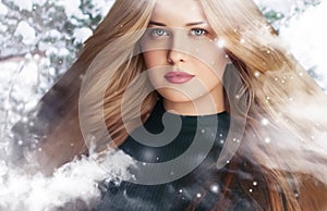 Winter beauty, Christmas time and happy holidays, beautiful woman with long hairstyle and natural make-up in snowy