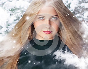 Winter beauty, Christmas time and happy holidays, beautiful woman with long hairstyle and natural make-up in snowy