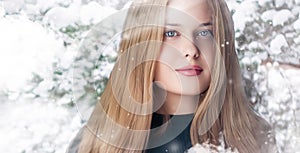 Winter beauty, Christmas time and happy holidays, beautiful woman with long hairstyle and natural make-up in snowy
