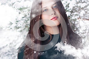 Winter beauty, Christmas time and happy holidays, beautiful woman with long hairstyle and natural make-up in snowy