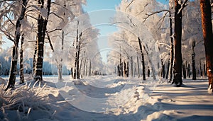 Winter beauty snow covered trees in a tranquil forest landscape generated by AI
