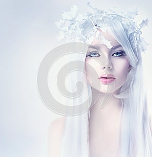 Winter beauty woman with long white hair