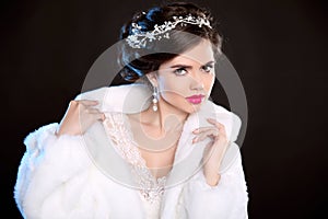 Winter beauty woman in white fur coat. Fashion model portrait. J