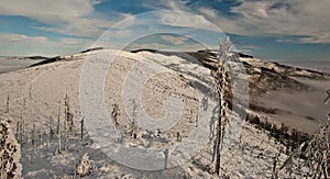 Winter Beskid Slaski panorama from rock on Malinowska Skala hill