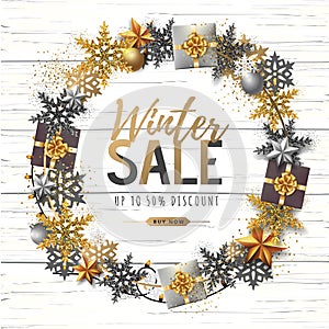 Winter big sale typography poster with snowflake wreath. Winter concept