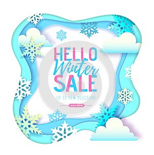 Winter big sale typography poster with snowflakes and clouds. Cut out paper art style design