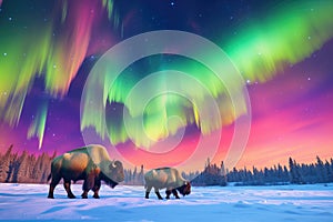 winter bison herd with the colorful aurora above