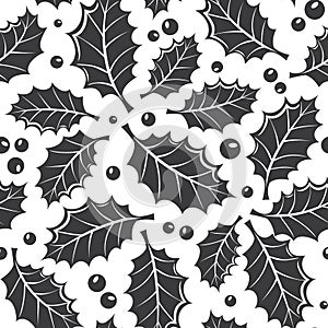Winter black and white seamless pattern with holly leaf