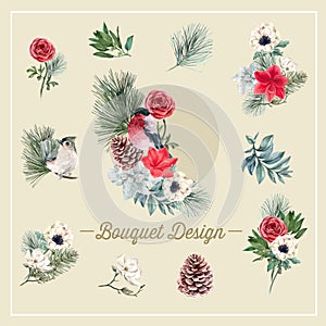 Winter bloom bouquet design with bird, foliages, flowers watercolor illustration