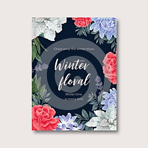 Winter bloom poster design with floral, foliages watercolor illustration