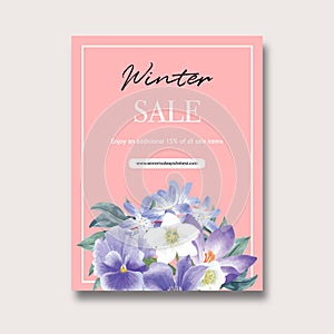 Winter bloom poster design with flowers and foliages watercolor illustration