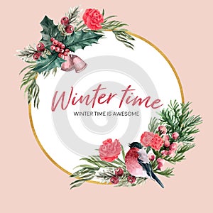 Winter bloom wreath design with bird, floral, foliages watercolor illustration