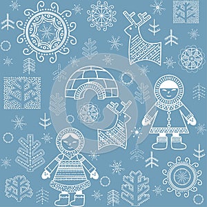 Winter blue abstract wallpaper with inuit, reindeers, firs and igloo