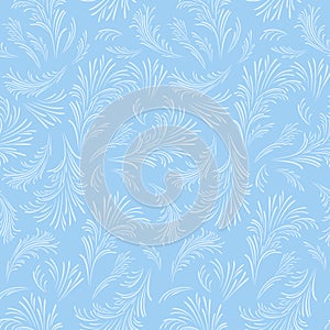 Winter blue background. Seamless pattern with icy frosty ornament.