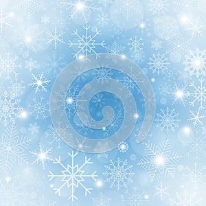 Winter blue background with snowflakes. Bright Christmas frame with snowflakes, sparkles and stars. Winter holiday