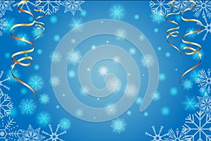 Winter blue background with snowflakes and golden serpantine. Christmas and New Year Illustration.