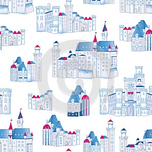 Winter blue castles vector seamless pattern