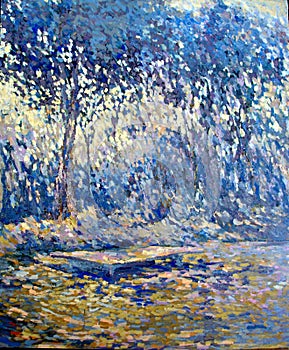 Blue forest nice brush work acrylic oil painting photo