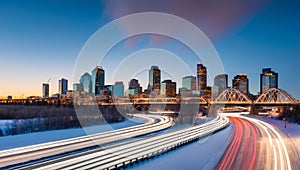 Winter blue hour sunset skyline of city light trails from rush hour traffic