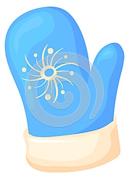 Winter blue mitten. Cartoon kid snowflake glove