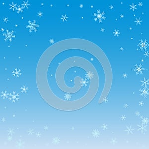 Winter blue sky with falling snow, snowflake. Holiday Winter background for Merry Christmas and Happy New Year. Vector