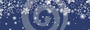 Winter blue sky with falling snow, snowflake. Holiday Winter background for Merry Christmas and Happy New Year. Panoramic banner