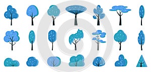 Winter blue tree bush flat cartoon icon vector set