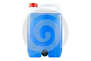 Winter blue windshield washer fluid in a five liter bottle, closed with a red cap and with a funnel at the bottom, isolated on a w