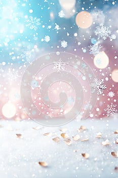 Winter blurred texture with snow and bokeh lights. Christmas background with color mixing sparkling glitter confetti