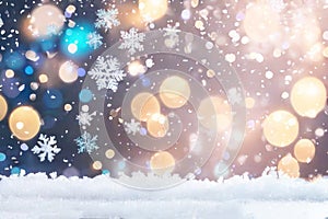 Winter blurred texture with snow and bokeh lights. Christmas background with color mixing sparkling glitter confetti