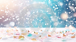 Winter blurred texture with snow and bokeh lights. Christmas background with color mixing sparkling glitter confetti. Banner