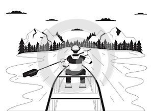 Winter boating season black and white cartoon flat illustration