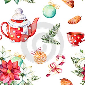 Winter bouquet,candy,teapot,cup of tea,pinecone,Christmas balls photo